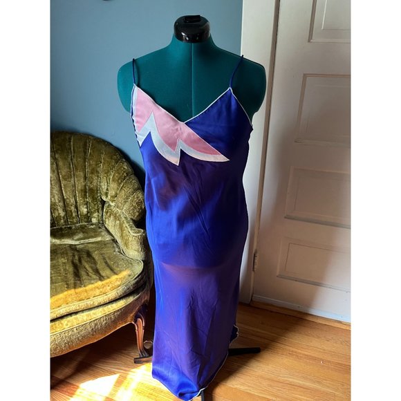 80s Strappy + Sexy Royal Blue Long Maxi Nightgown with Pink + White Neckline Des - Picture 1 of 6